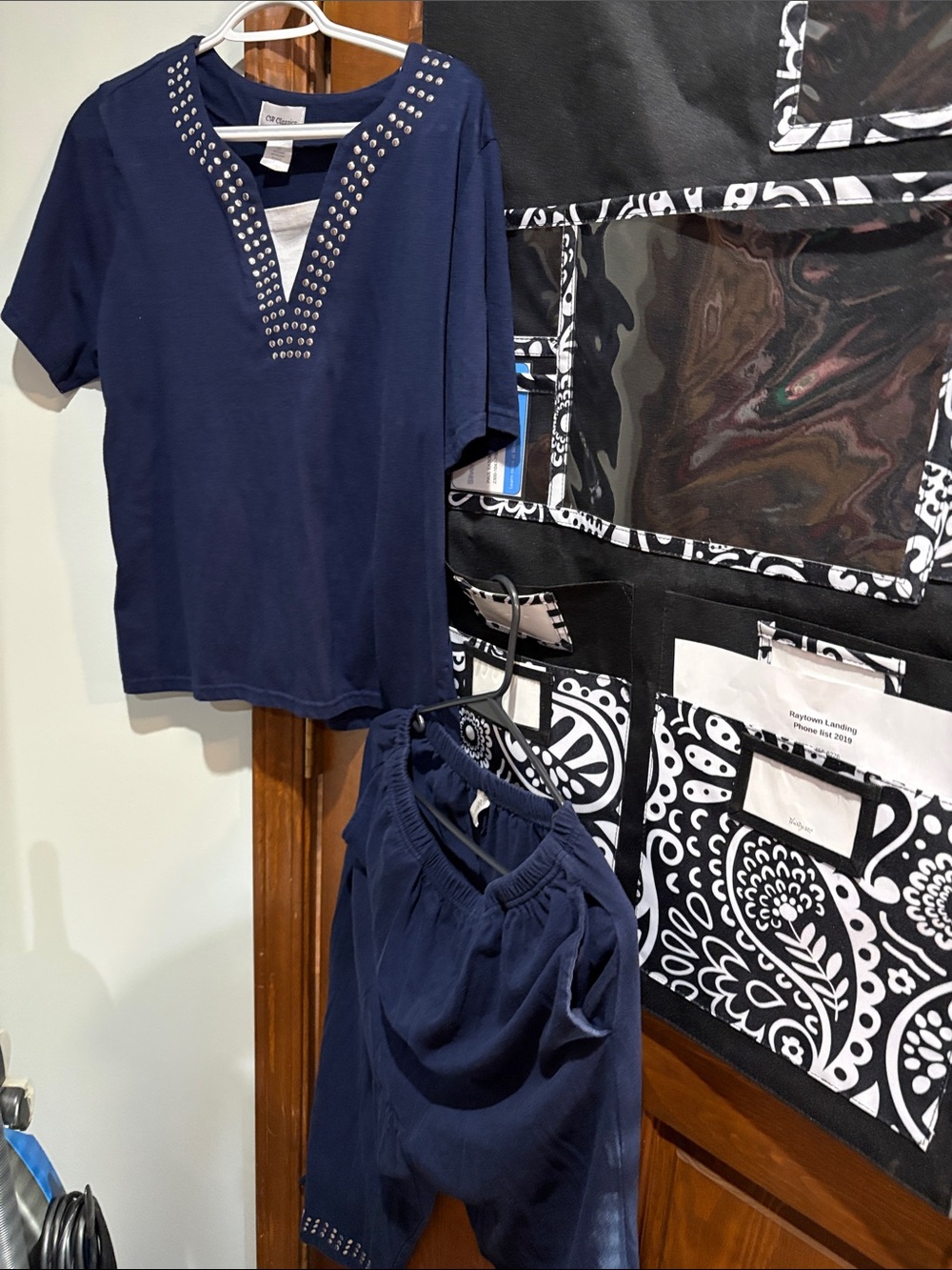 Women’s Capris Navy Stud-Trim Top & Capris Set large elastic waist